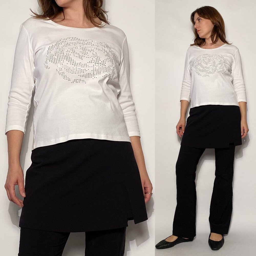Vintage Y2K Silver STUDDED ROSE 3/4 Sleeve Tee -- Medium to Large